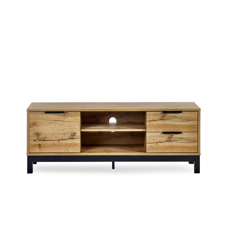 Wooden TV stand with black legs on a white background