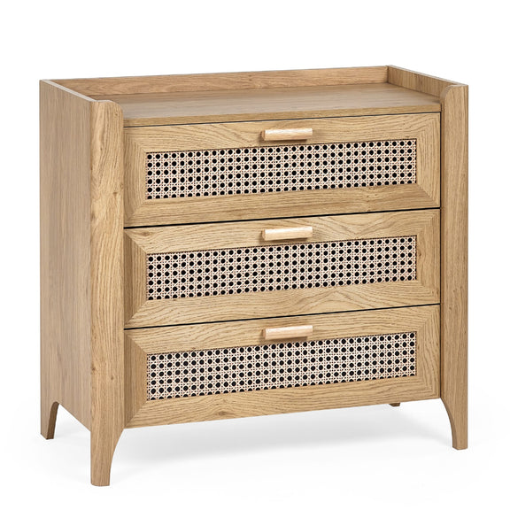 Oak effect 3 drawer storage chest with woven rattan drawer fronts front view