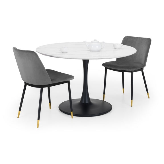 Dining table with two gray chairs on a white background