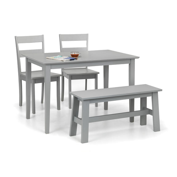 Gray dining table set with two chairs and a bench on a white background