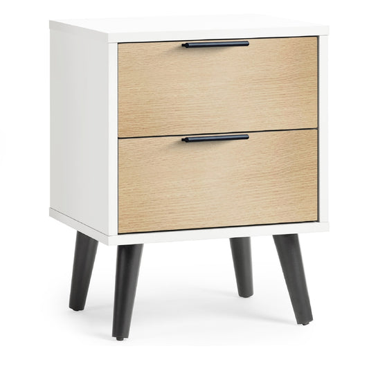 White nightstand with two drawers, one open, on a white background