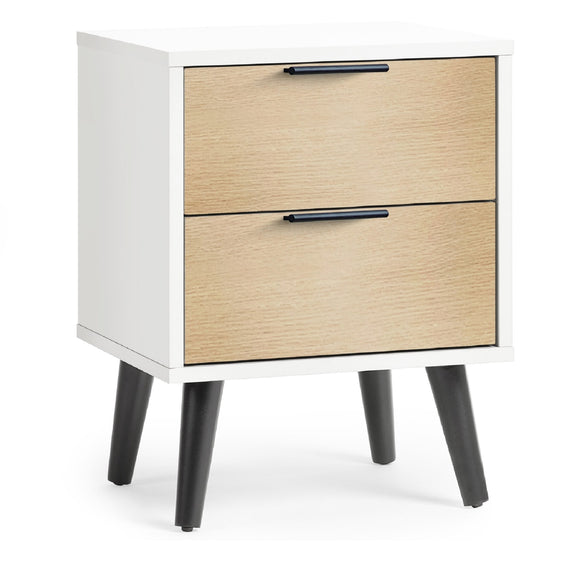 White nightstand with two drawers, one open, on a white background