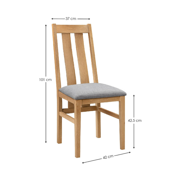 Wooden chair with gray cushion and dimensions marked on a white background