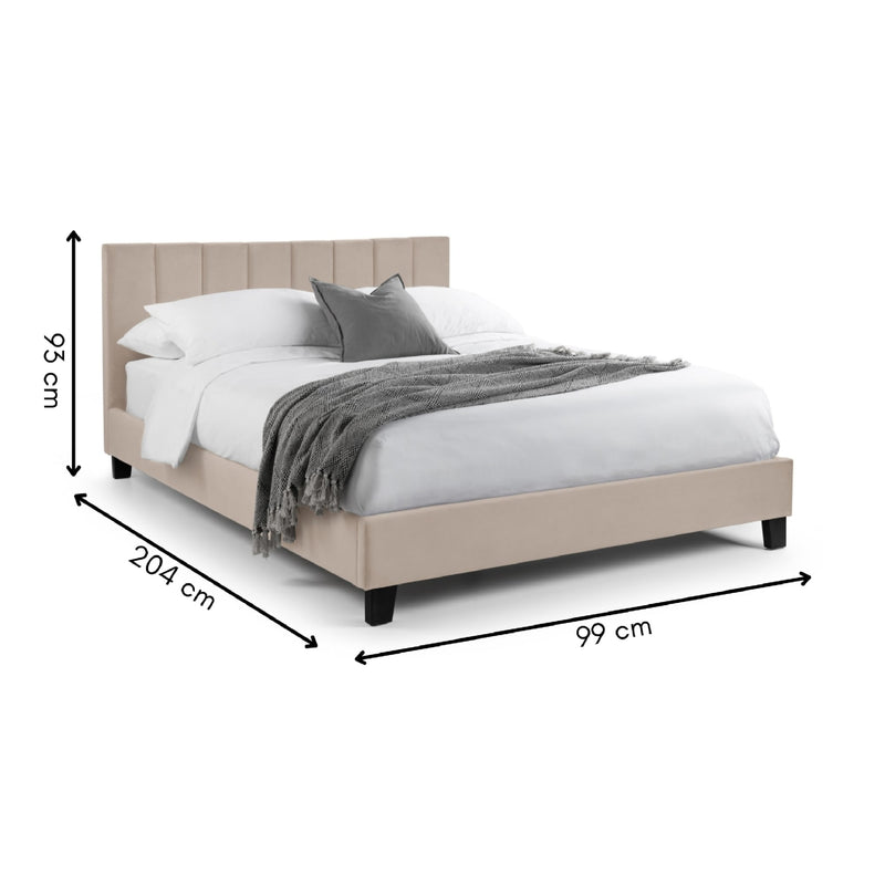 Bed with dimensions labeled on a white background
