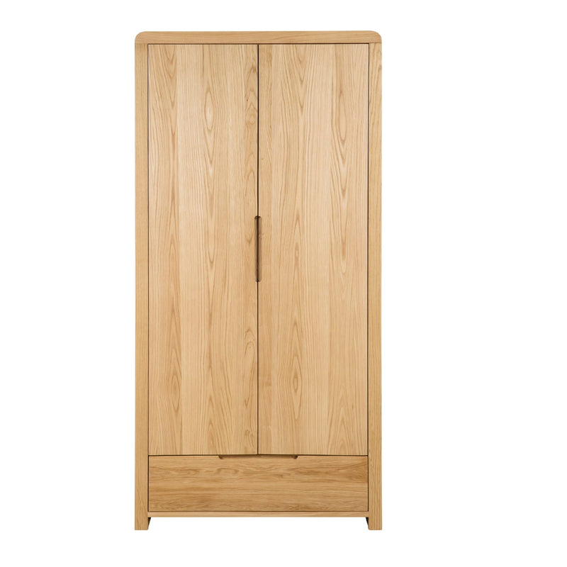 Wooden wardrobe with two doors and a drawer on a white background