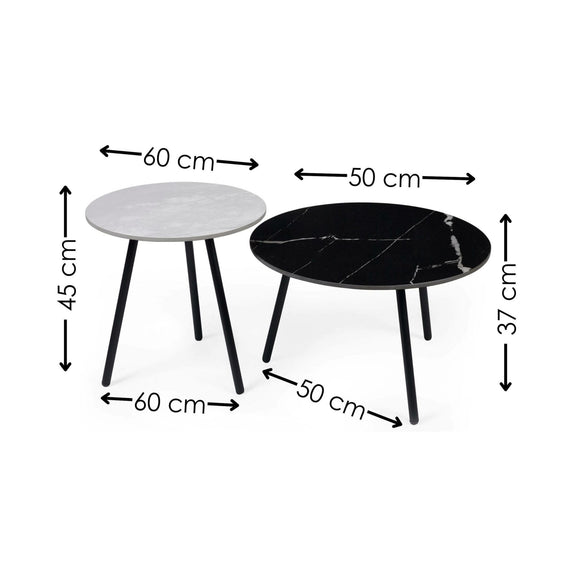 Two round tables, one white and one black, with measurements indicated on a white background.