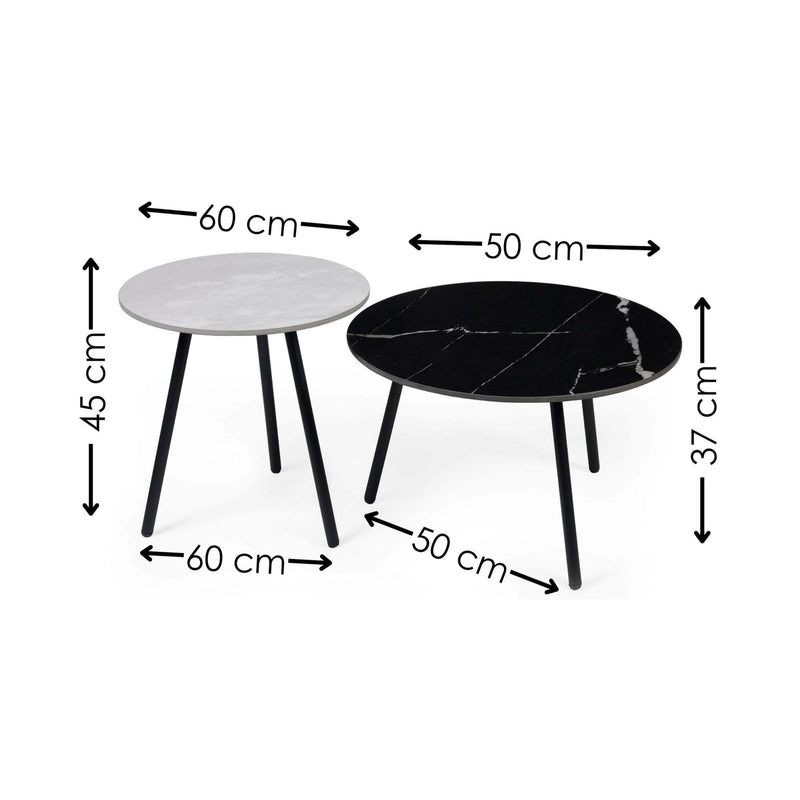 Two round tables, one white and one black, with measurements indicated on a white background.