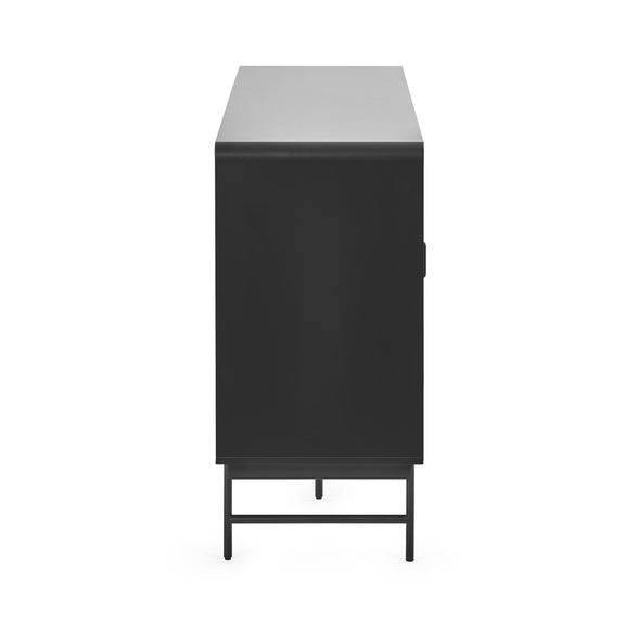 Black cabinet with a white top on a white background