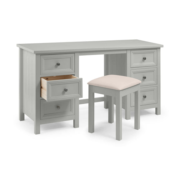 Gray desk with multiple drawers and a matching stool on a white background
