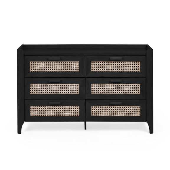 Black six drawer chest with woven rattan drawer fronts