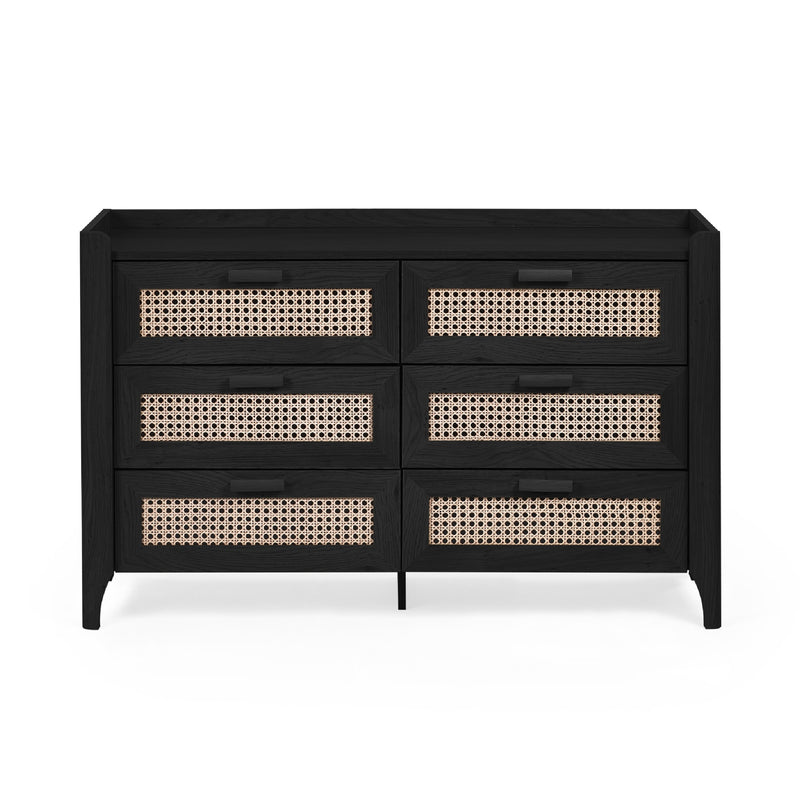Black six drawer chest with woven rattan drawer fronts