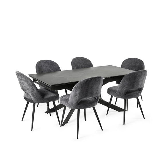 Dining table set with six gray chairs on a white background