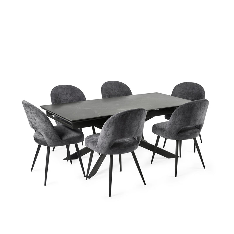 Dining table set with six gray chairs on a white background