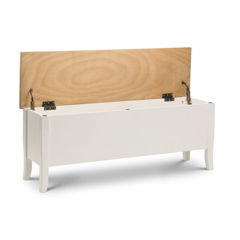 White storage bench with wooden lid on a white background