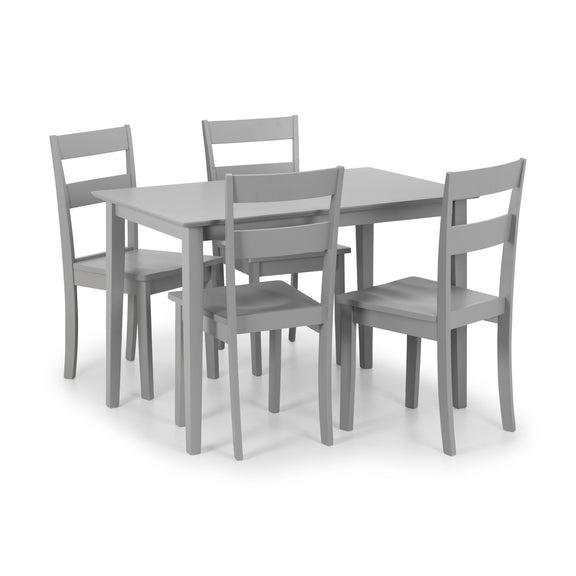 Gray dining table set with four chairs on a white background