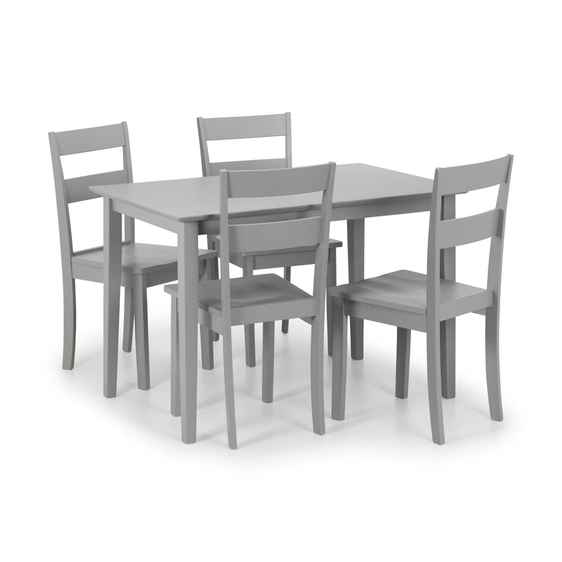 Gray dining table set with four chairs on a white background