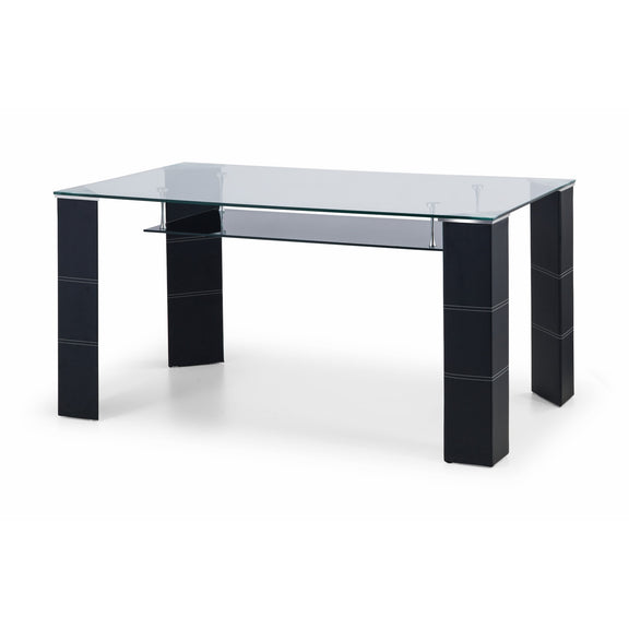 Glass table with black legs on a white background