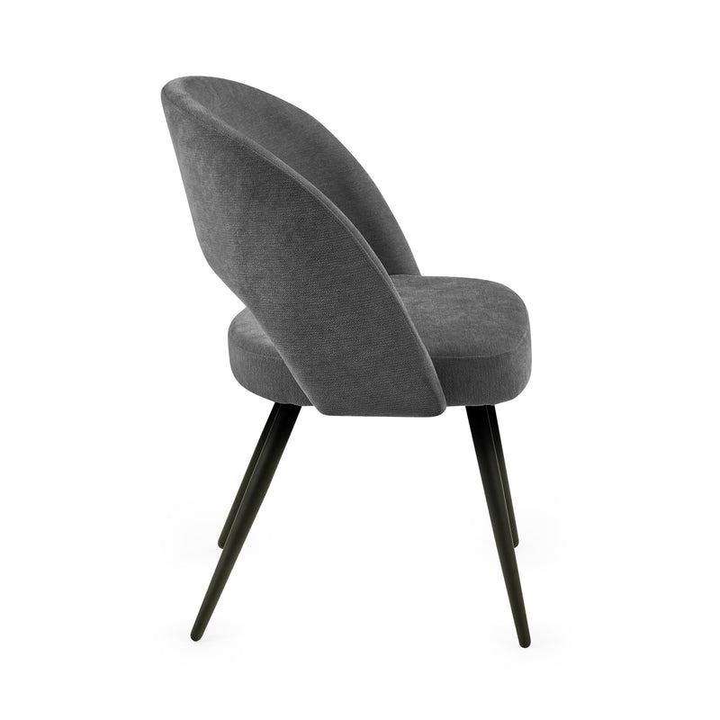 Gray upholstered chair with black legs on a white background