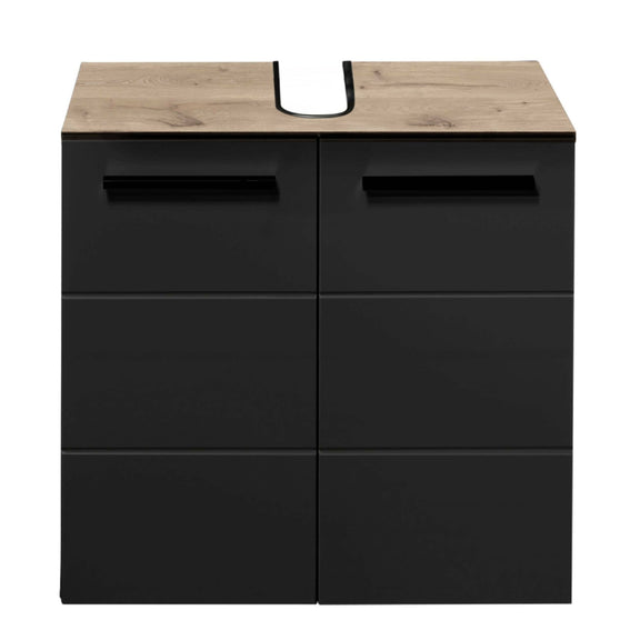 Black vanity unit with wooden top on a white background