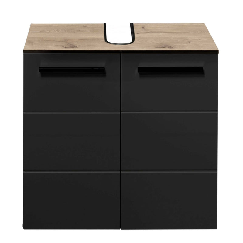 Black vanity unit with wooden top on a white background