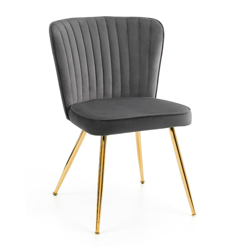 Gray upholstered chair with gold legs on a white background