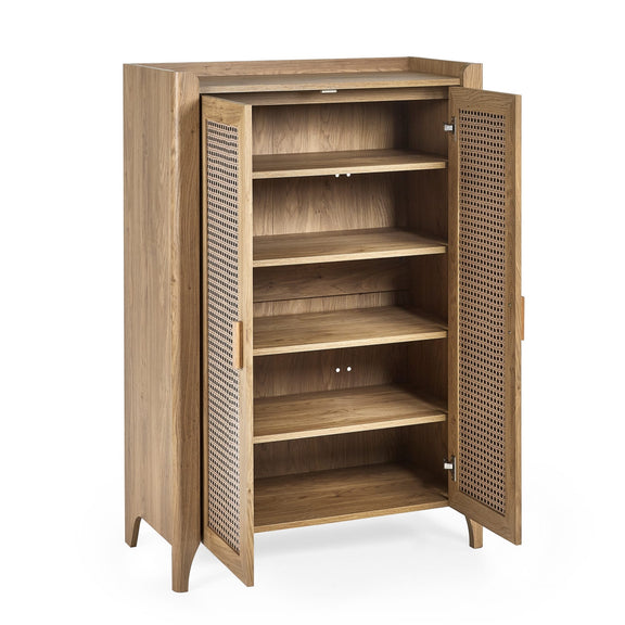 Wooden cabinet with open doors on a white background