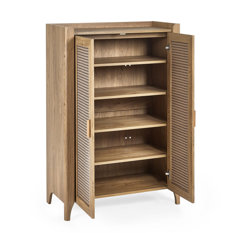 Wooden cabinet with open doors on a white background