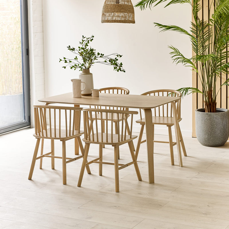 Dining area with wooden table and chairs, plants, and a lamp in a bright room.