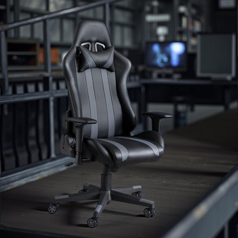 Black and gray gaming chair in a room with computer equipment.