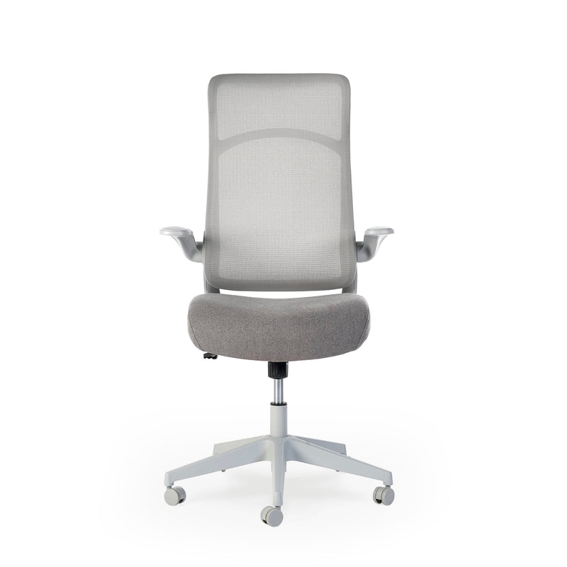 Gray office chair with mesh backrest on a white background