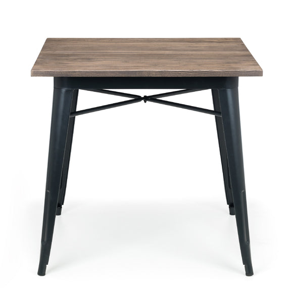 Square table with wooden top and black metal legs on a white background