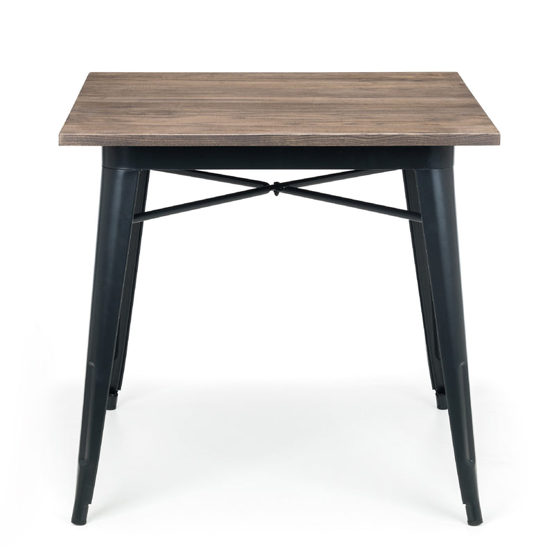 Square table with wooden top and black metal legs on a white background