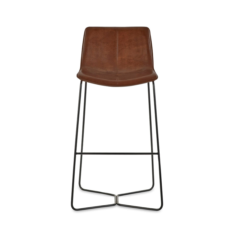 Brown bar stool with black metal legs on a white background