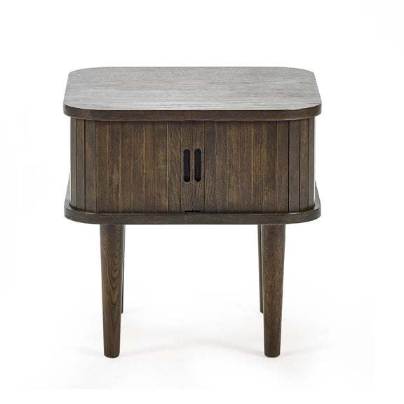 Wooden side table with a gray top on a white background