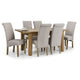 Dining table set with six gray chairs on a white background