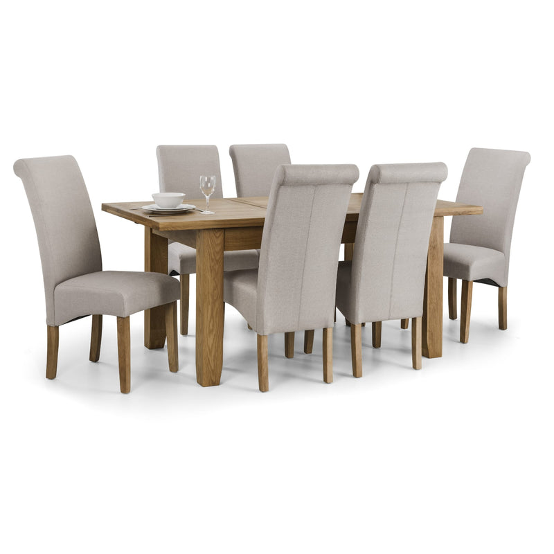 Dining table set with six gray chairs on a white background