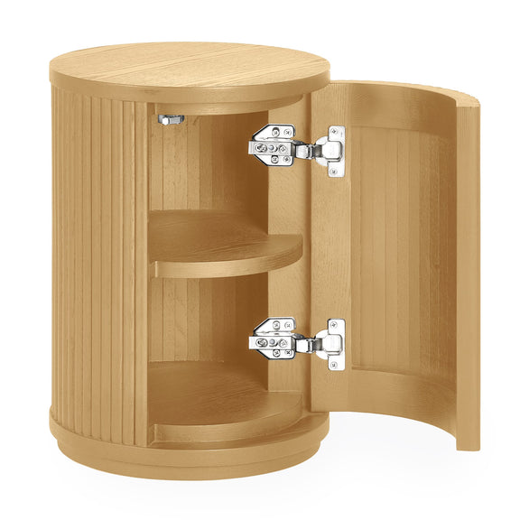 Wooden cabinet with open door on a white background