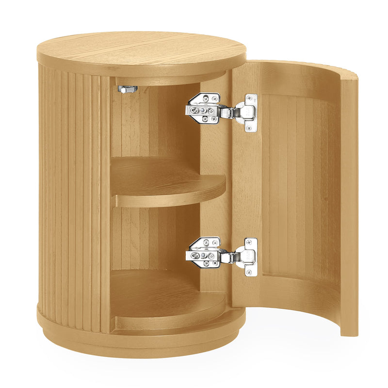 Wooden cabinet with open door on a white background