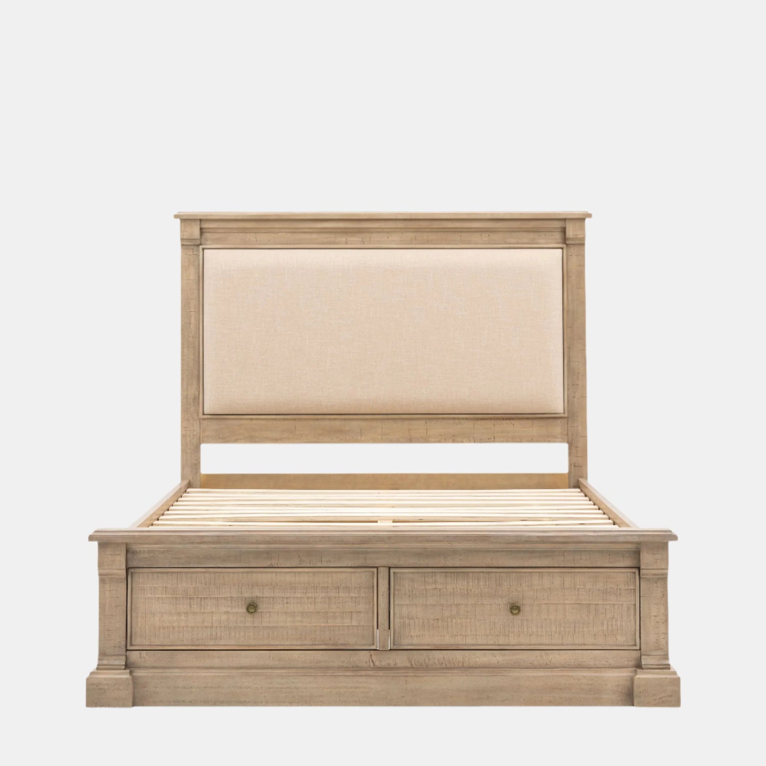 Burton King Bed Weathered Wood with Upholstered Headboard and 2 Drawers