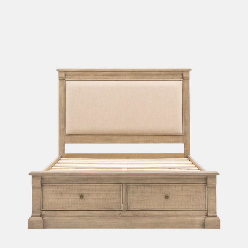 Burton King Bed Weathered Wood with Upholstered Headboard and 2 Drawers