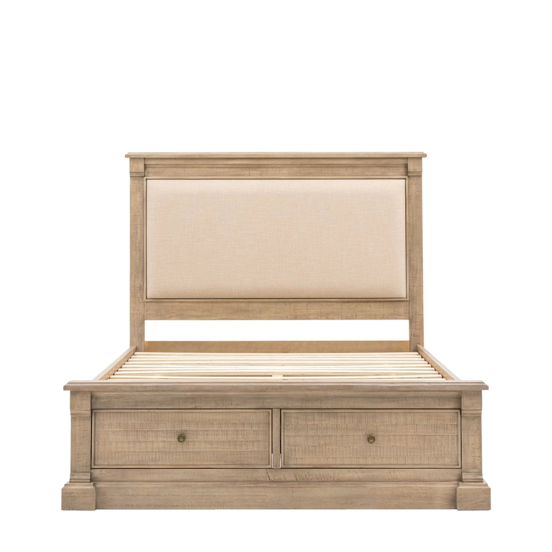 Burton King Bed Weathered Wood with Upholstered Headboard and 2 Drawers