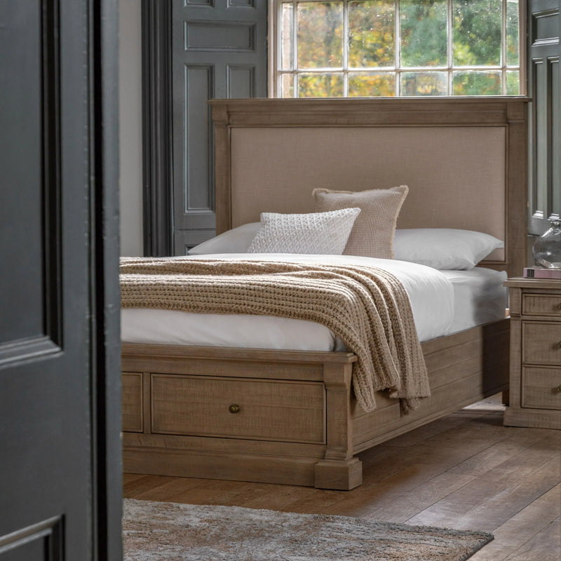 Burton King Bed Weathered Wood with Upholstered Headboard and 2 Drawers