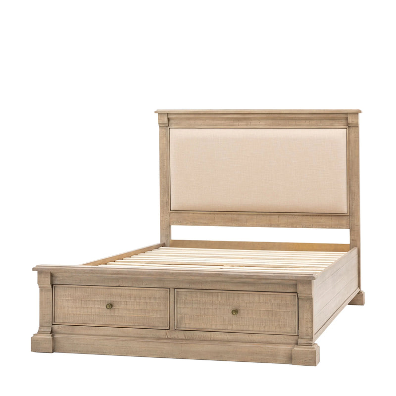 Burton King Bed Weathered Wood with Upholstered Headboard and 2 Drawers