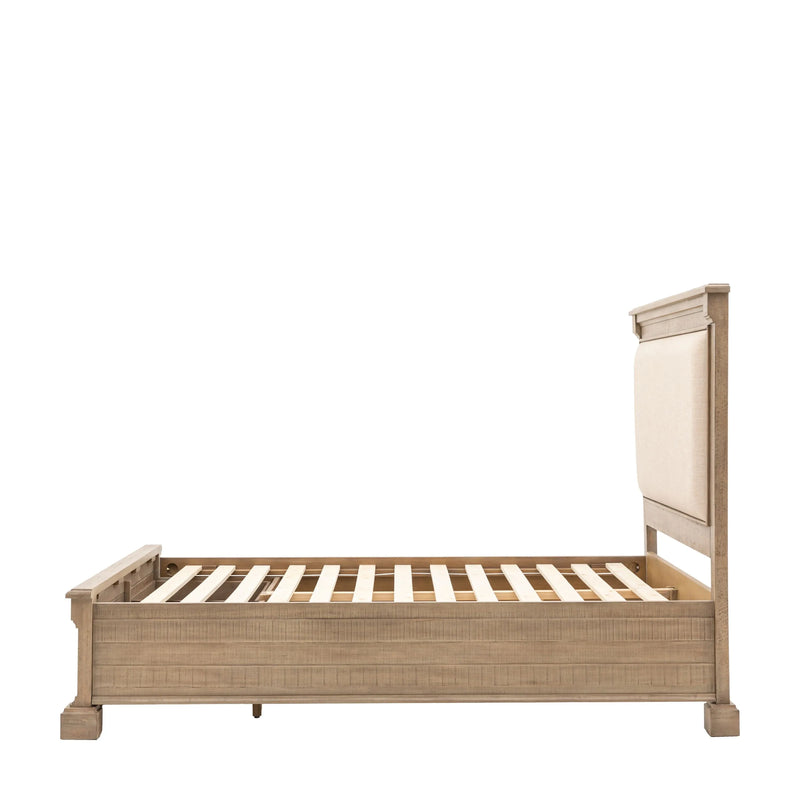 Burton King Bed Weathered Wood with Upholstered Headboard and 2 Drawers