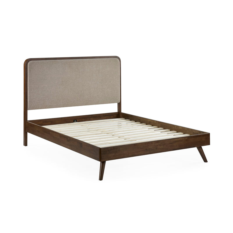 Wooden bed frame with a gray upholstered headboard on a white background