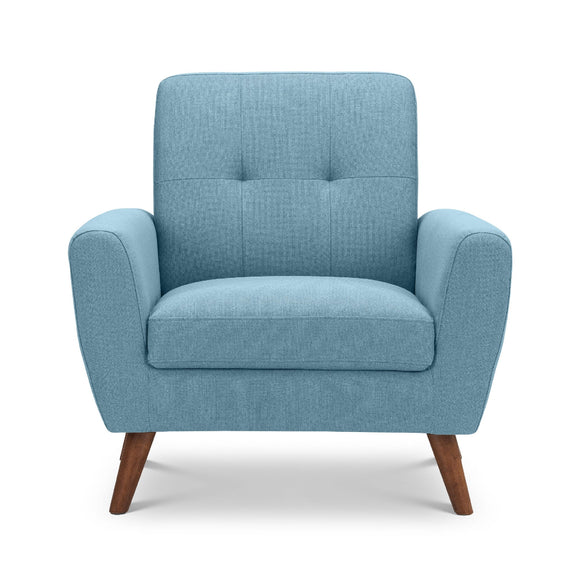 Blue armchair with wooden legs on a white background
