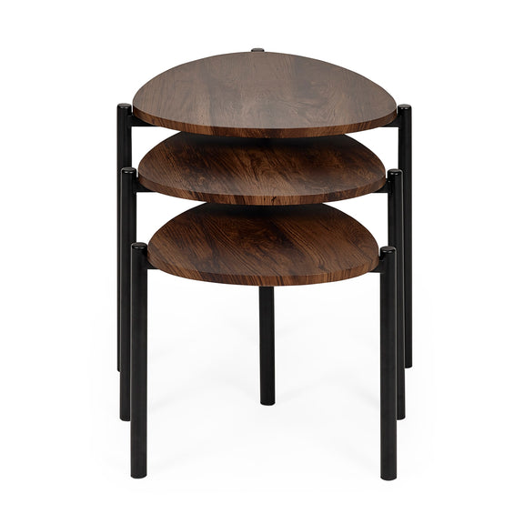 Three-tiered wooden side table with black metal frame on a white background