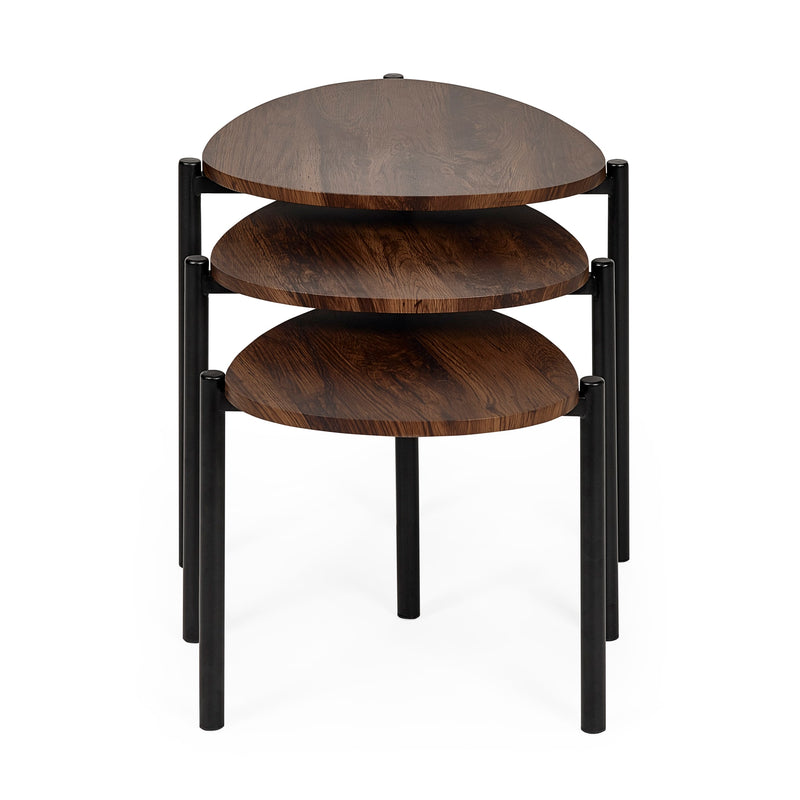 Three-tiered wooden side table with black metal frame on a white background