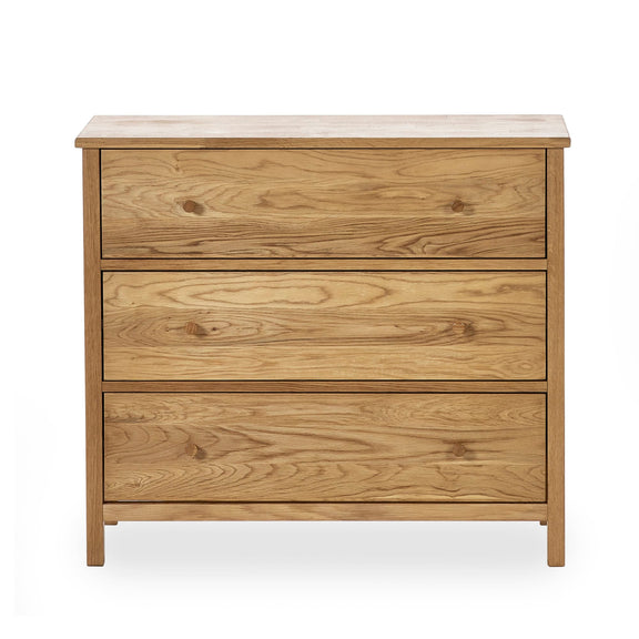 Wooden dresser with three drawers on a white background
