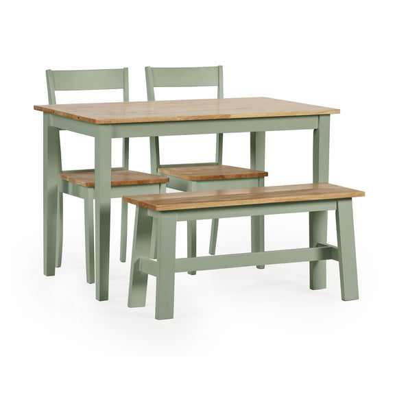 Dining set with table, chairs, and bench on a white background